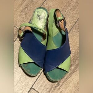 John Fluevog Low Rules Sarah sandals, blue green, size 8.5. Good used condition